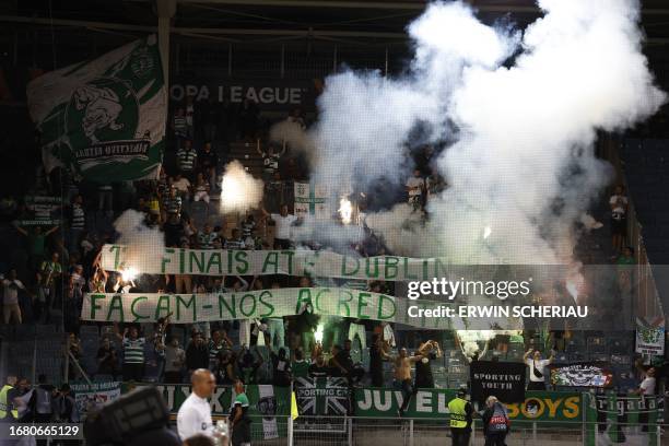 Fans of Sturm Graz celebrate with flares ahead the UEFA Europa League Group D football match between Sturm Graz and Sporting Lisbon in Graz, on...