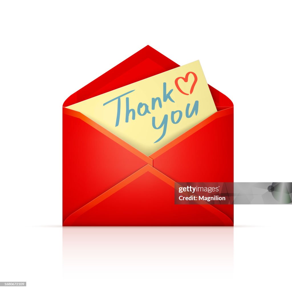 Red envelope with Manila letter on a white background and text Thank You with Heart
