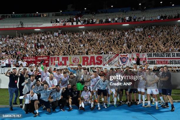 The players of HSK Zrinjski celebrate the 4-3 victory after the UEFA Conference League group E match between HSK Zrinjski Mostar and AZ Alkmaar at...