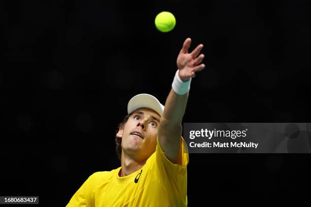 Alex de Minaur of Team Australia serves during the Davis Cup Finals Group Stage match between France and Australia at AO Arena on September 14, 2023...