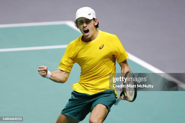 Alex de Minaur of Team Australia celebrates after winning the singles match against Ugo Humbert of Team France point during the Davis Cup Finals...