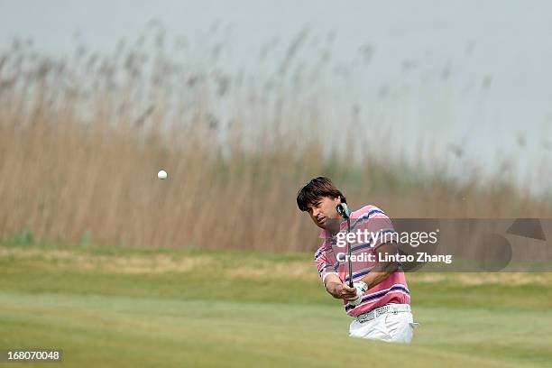 Robert-Jan Derksen of the Netherlands plays a shot during the during the final round of the Volvo China Open at Binhai Lake Golf Course on May 5,...