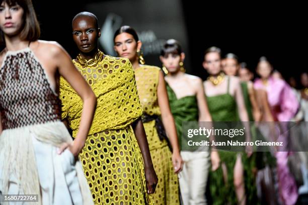 Models walk the runway at the Simorra fashion show during the Mercedes Benz Fashion Week Madrid at Ifema on September 14, 2023 in Madrid, Spain.