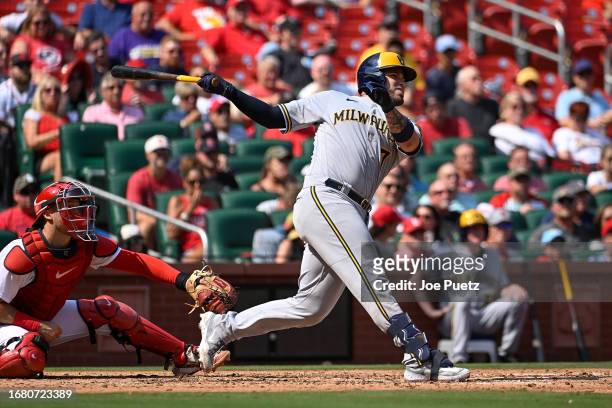 Victor Caratini of the Milwaukee Brewers hits a three-run home run against the St. Louis Cardinals in the sixth inning at Busch Stadium on September...