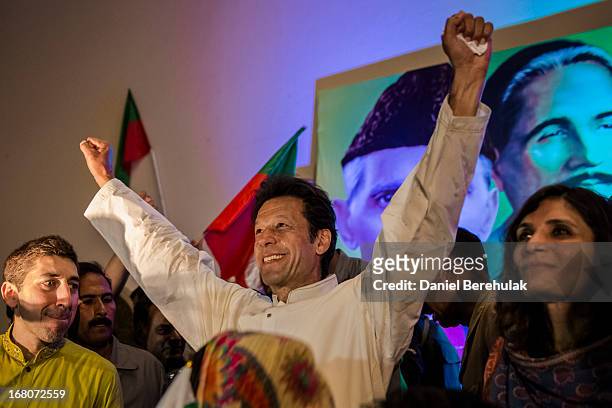 Imran Khan, chairman of the Pakistan Tehrik e Insaf party, addresses party volunteers and supporters during a rally for volunteers on May 05, 2013 in...