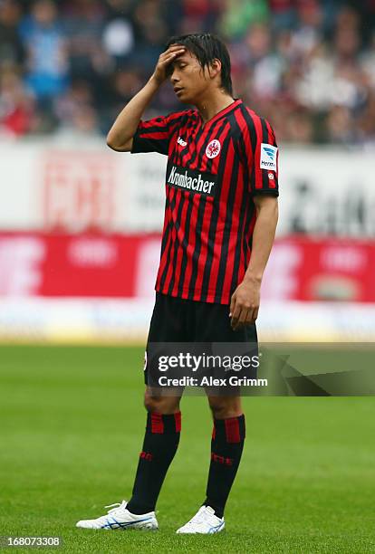 Takashi Inui of Frankfurt reacts during the Bundesliga match between Eintracht Frankfurt and Fortuna Duesseldorf 1895 at Commerzbank-Arena on May 4,...