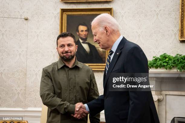President Joe Biden shakes hands with President of Ukraine Volodymyr Zelensky while welcoming him to the Oval Office at the White House on September...