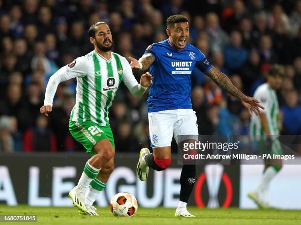 Real Betis' Alarcon Isco and Rangers' James Tavernier battle for the ball during the UEFA Europa League Group C match at the Ibrox Stadium, Glasgow....