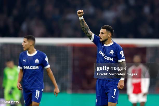 Jonathan Clauss of Olympique Marseille celebrates 2-1 during the UEFA Europa League match between Ajax v Olympique Marseille at the Johan Cruijff...