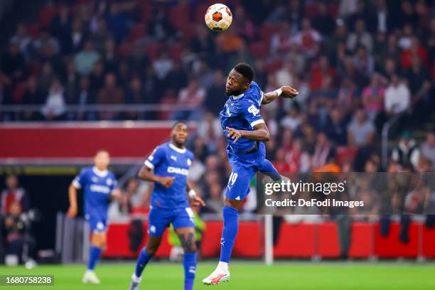 IAMSTERDAM, NETHERLANDS Chancel Mbemba of Olympique Marseille controls the ball during the UEFA Europa League Group B match between AFC Ajax and...