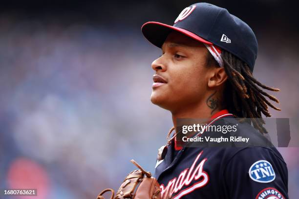 Abrams of the Washington Nationals runs to the dugout against the Toronto Blue Jays at Rogers Centre on August 30, 2023 in Toronto, Ontario, Canada.