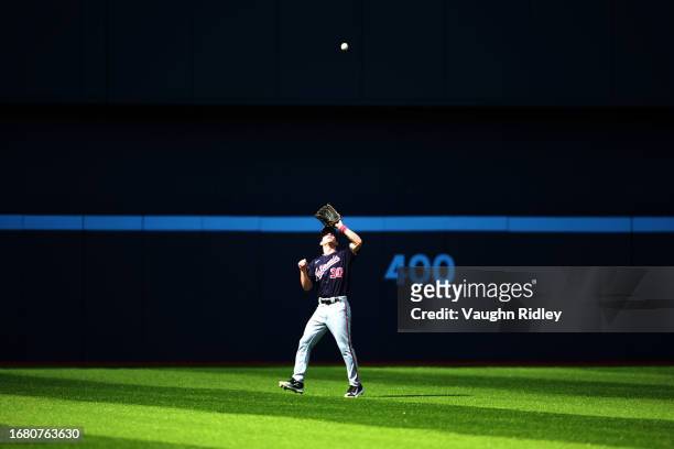 Jacob Young of the Washington Nationals catches the ball in the outfield against the Toronto Blue Jays at Rogers Centre on August 30, 2023 in...