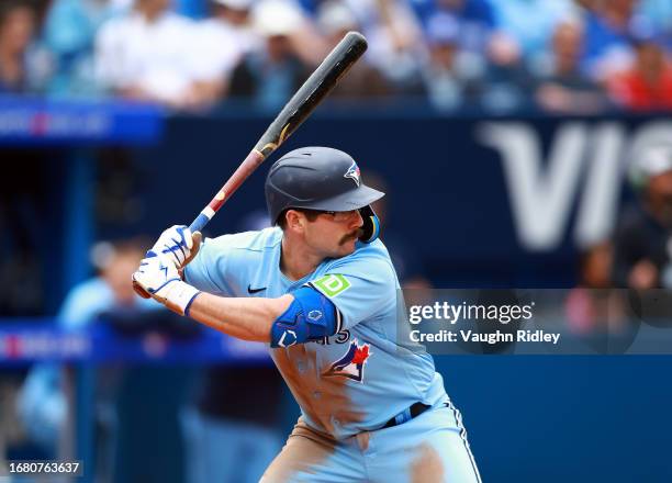 Davis Schneider of the Toronto Blue Jays bats against the Washington Nationals at Rogers Centre on August 30, 2023 in Toronto, Ontario, Canada.