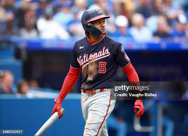 Abrams of the Washington Nationals looks on after striking out against the Toronto Blue Jays at Rogers Centre on August 30, 2023 in Toronto, Ontario,...