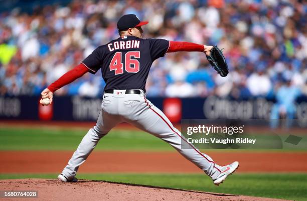 Patrick Corbin of the Washington Nationals delivers a pitch against the Toronto Blue Jays at Rogers Centre on August 30, 2023 in Toronto, Ontario,...