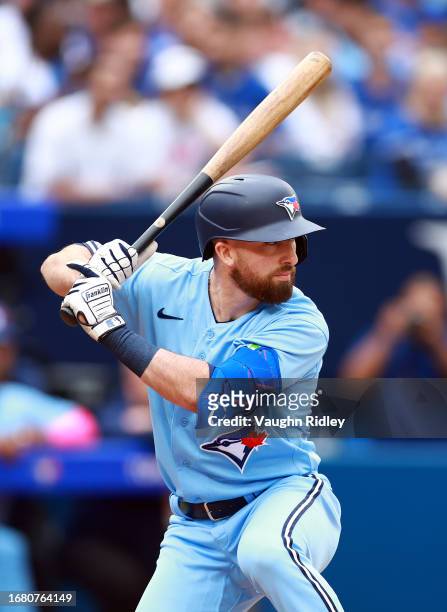 Mason McCoy of the Toronto Blue Jays bats against the Washington Nationals at Rogers Centre on August 30, 2023 in Toronto, Ontario, Canada.