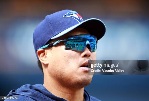 Hyun Jin Ryu of the Toronto Blue Jays walks to the dugout prior to a game against the Washington Nationals at Rogers Centre on August 30, 2023 in...