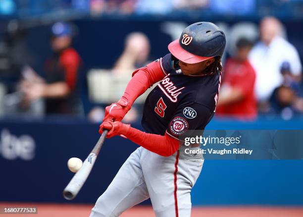 Abrams of the Washington Nationals bats against the Toronto Blue Jays at Rogers Centre on August 30, 2023 in Toronto, Ontario, Canada.