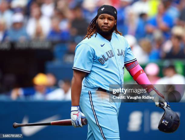 Vladimir Guerrero Jr. #27 of the Toronto Blue Jays looks on after striking out against the Washington Nationals at Rogers Centre on August 30, 2023...