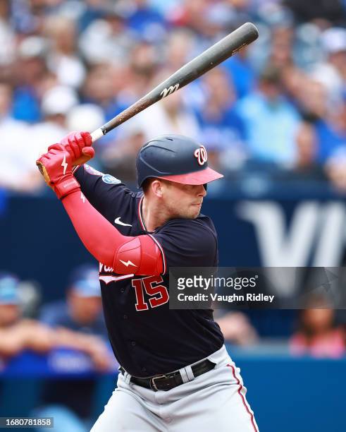Riley Adams of the Washington Nationals bats against the Toronto Blue Jays at Rogers Centre on August 30, 2023 in Toronto, Ontario, Canada.