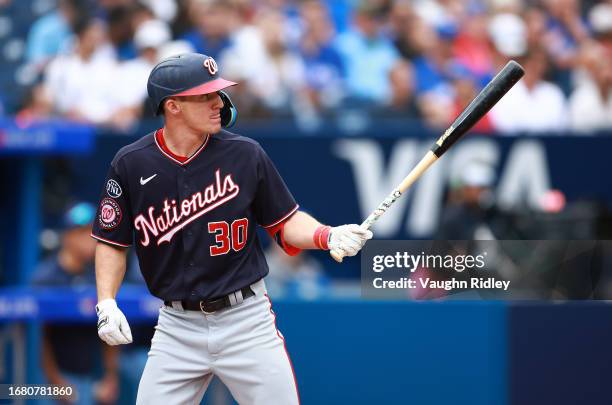 Jacob Young of the Washington Nationals bats against the Toronto Blue Jays at Rogers Centre on August 30, 2023 in Toronto, Ontario, Canada.