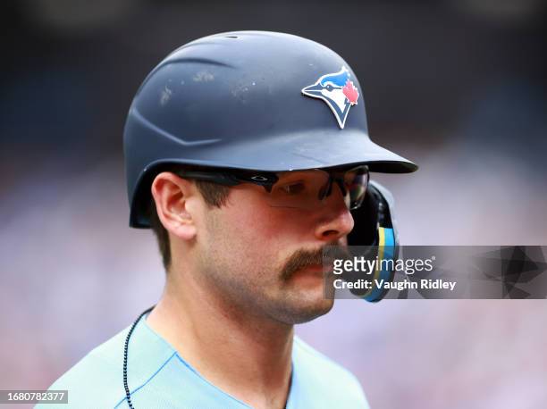 Davis Schneider of the Toronto Blue Jays runs to the dugout against the Washington Nationals at Rogers Centre on August 30, 2023 in Toronto, Ontario,...
