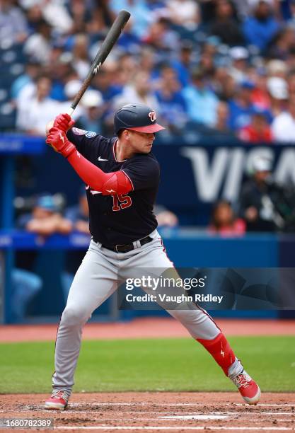 Riley Adams of the Washington Nationals bats against the Toronto Blue Jays at Rogers Centre on August 30, 2023 in Toronto, Ontario, Canada.