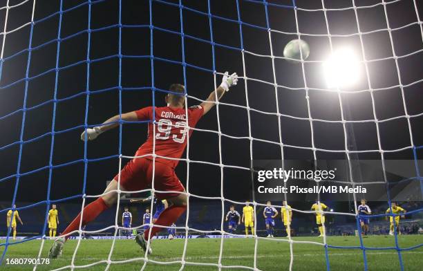 Goalkeeper of FC Astana Josip Condric fails to save a penalty from Bruno Petkovic of Dinamo Zagreb during the UEFA Europa Conference League Group C...