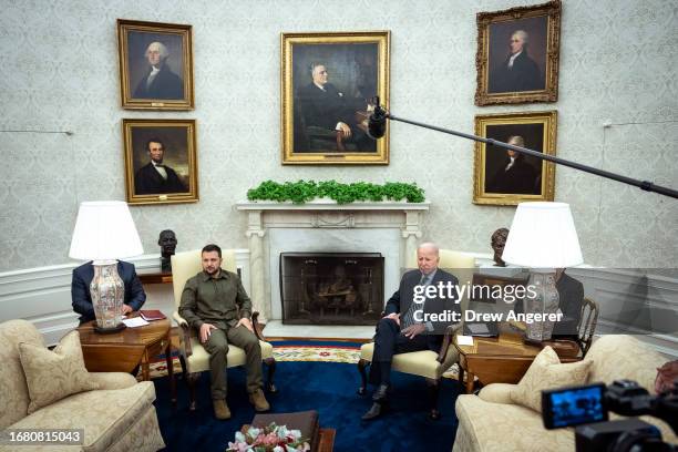 President Joe Biden meets with President of Ukraine Volodymyr Zelensky in the Oval Office of the White House September 21, 2023 in Washington, DC....