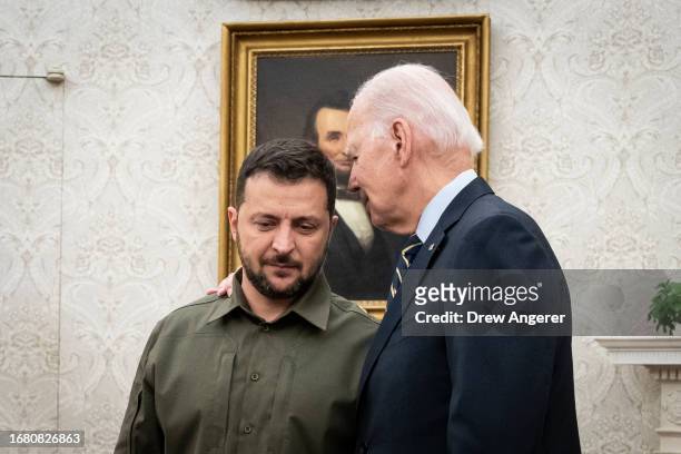 President Joe Biden welcomes President of Ukraine Volodymyr Zelensky to the Oval Office of the White House September 21, 2023 in Washington, DC....