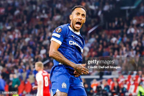 IAMSTERDAM, NETHERLANDS Pierre Emerick Aubameyang of Olympique Marseille scores the 3-3 celebrating his goal during the UEFA Europa League Group B...