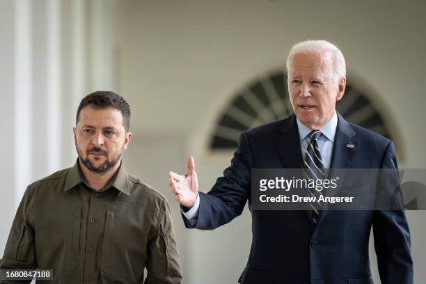 President of Ukraine Volodymyr Zelensky and U.S. President Joe Biden walk to the Oval Office of the White House September 21, 2023 in Washington, DC....