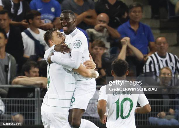 Sporting Lisbon's Ivorian defender Ousmane Diomande celebrates scoring the 1-2 during the UEFA Europa League Group D football match between Sturm...