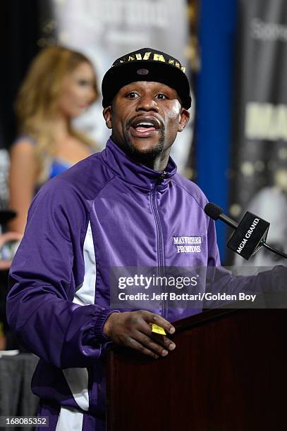 Floyd Mayweather Jr. Speaks to the media during the news conference after the Floyd Mayweather Jr. And Robert Guerrero fight at the MGM Grand Garden...