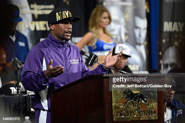 Floyd Mayweather Jr. Speaks to the media during the news conference after the Floyd Mayweather Jr. And Robert Guerrero fight at the MGM Grand Garden...
