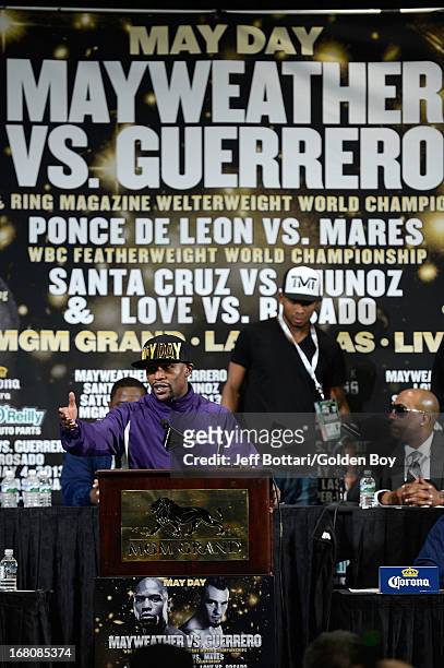 Floyd Mayweather Jr. Speaks to the media during the news conference after the Floyd Mayweather Jr. And Robert Guerrero fight at the MGM Grand Garden...