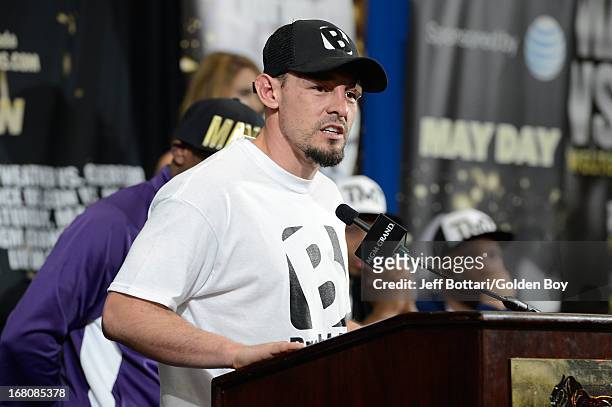 Robert Guerrero speaks to the media during the news conference after the Floyd Mayweather Jr. And Robert Guerrero fight at the MGM Grand Garden Arena...