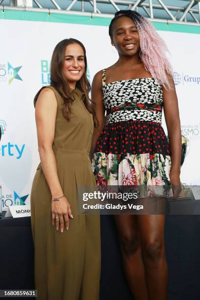 Monica Puig and Venus Williams pose to media during the press conference at Puerto Rico Convention Center on September 14, 2023 in San Juan, Puerto...