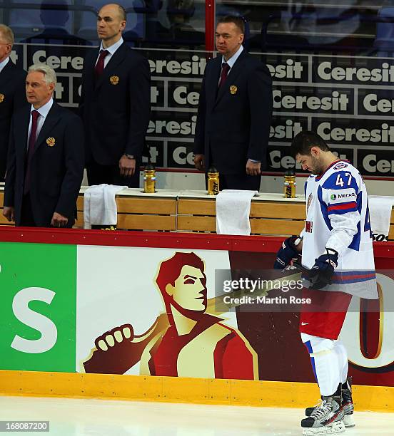 Alexander Radulov of Russia reacts before the IIHF World Championship group H match between Germany and Russia at Hartwall Areena on May 5, 2013 in...