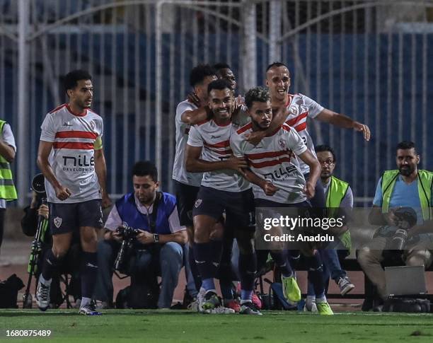 Players of Zamalek celebrate after a goal during Egyptian Premier League match between Pyramids and Zamalek at 30 June Stadium in Cairo, Egypt on...