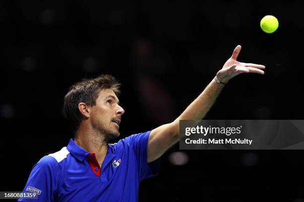 Edouard Roger-Vasselin Team France serves during the Davis Cup Finals Group Stage match between France and Australia at AO Arena on September 14,...