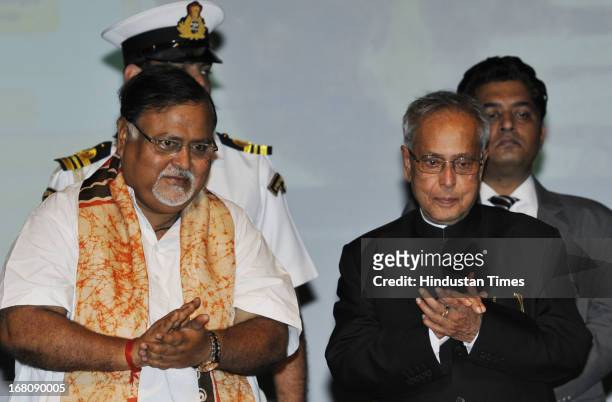 President of India Shri Pranab Mukherjee with Partha Chatterjee West Bengal Commerce Minister during the launch of Bichitra Tagore Online Variorum, a...