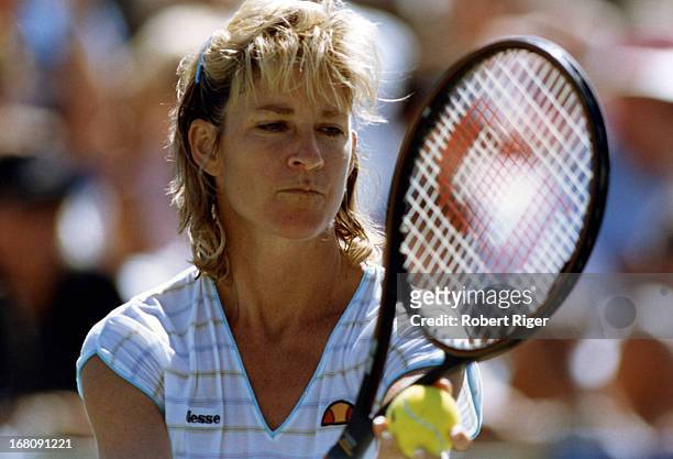 Chris Evert of the United States readies to serve during a match at the Virginia Slims of Los Angeles Open circa 1988 in Los Angeles, California....