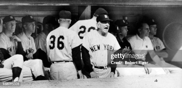 Manager Casey Stengel of the New York Yankees yells from the dugout during an MLB game circa 1950's.