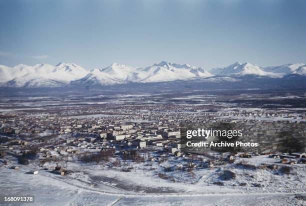 View of the Chugach Mountain Range from Anchorage, Alaska, circa 1965.