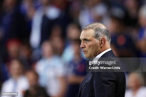 Raphael Ibanez, Coach of France, looks on in the warm up prior to the Rugby World Cup France 2023 match between France and Uruguay at Stade Pierre...