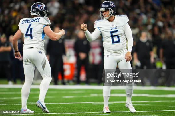 Nick Folk of the Tennessee Titans celebrates at Caesars Superdome on September 10, 2023 in New Orleans, Louisiana.