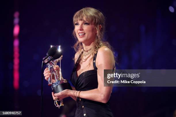 Taylor Swift accepts the Best Pop award for "Anti-Hero" onstage during the 2023 MTV Video Music Awards at Prudential Center on September 12, 2023 in...