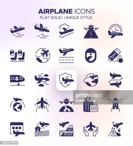airplane icon set - aircraft, aviation, travel, flight, aeronautics, jet, commercial airplane, air travel - fighter-pilot-icon stock illustrations