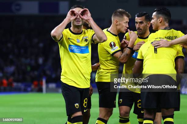Mijat Gacinovic of AEK Athens celebrates scoring their 2nd goal during the UEFA EUROPA League match between Brighton & Hove Albion and AEK Athens at...